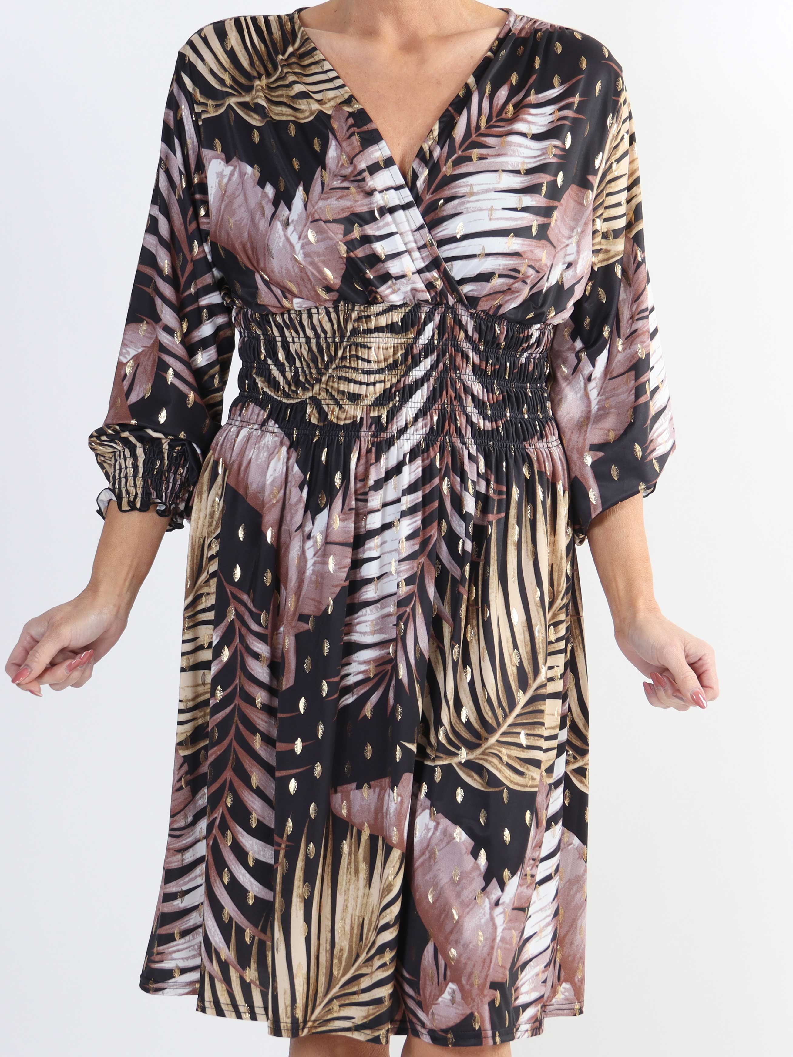 Pams Leaf Short L/S - Elastisk mönstrad klänning i skrynkelfritt tyg för stora storlekar - Green